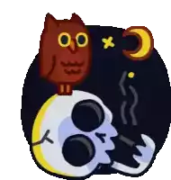 a cartoon owl sitting on top of a skull with a crescent moon in the background