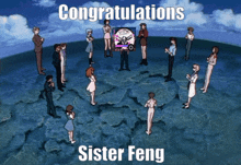 a group of people standing in a circle with congratulations sister feng written on the bottom
