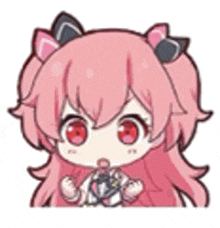 a cartoon of a girl with pink hair and cat ears holding a steering wheel .