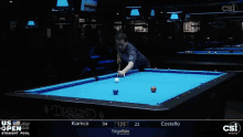 a man is playing pool in front of a screen that says us pro open straight pool