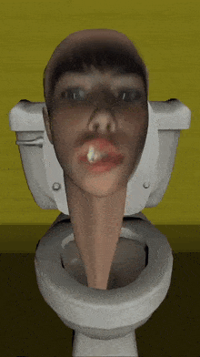 a woman 's head is sticking out of a toilet seat