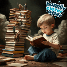 a little boy is reading a book in front of a stack of books with happily clever after written on it