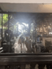 a blurry picture of a bride and groom standing in front of a window in a restaurant .