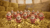 a group of gnomes standing in front of a pile of gold coins