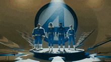 the fantastic four are standing on a stage in front of a circle with the number 4 on it