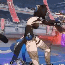 a woman is standing on a blue surface in a video game while a man stands behind her .