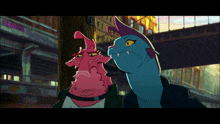 two cartoon characters are standing next to each other in front of a sign that says ' no parking '