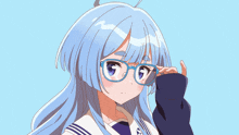 a girl with blue hair is wearing glasses and a sailor outfit