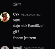 a screenshot of a conversation between zjem and 09k ogej