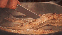 a person is cutting a piece of meat in a frying pan .