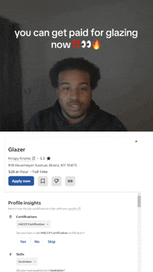 a picture of a man with the words " you can get paid for glazing now " on it