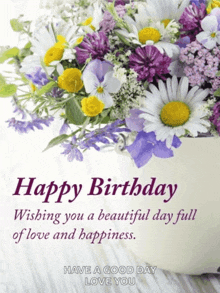 a birthday card with a bouquet of flowers and the words happy birthday wishing you a beautiful day full of love and happiness