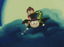a cartoon character in a top hat is flying with another character on his back