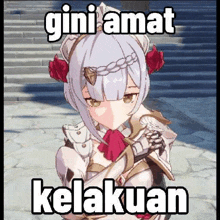 a meme of a girl from a video game with a sword in her hand and the words `` gini amat kelakuan '' .