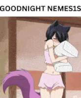a girl with a purple tail is hugging a white pillow