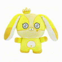 a yellow stuffed animal with white ears and a white nose on a white background