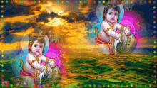 a painting of a baby krishna sitting in the water with a sunset in the background