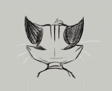 a black and white drawing of a cat with its mouth open