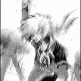a black and white drawing of a person with a s on their chest
