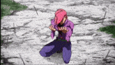 a person with pink hair is kneeling down with their hands together