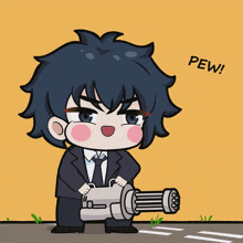a cartoon of a man holding a gun with the words pew below him