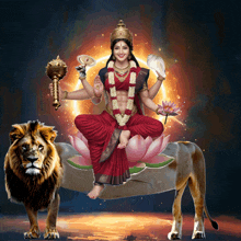 a woman is sitting on a lotus flower with a lion standing behind her