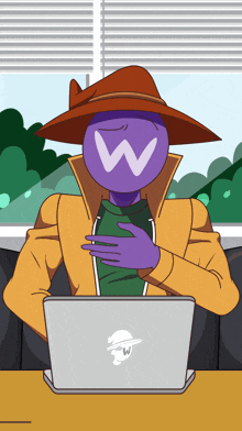 a cartoon character with a hat and a purple head with a white w on it