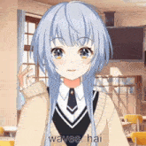 a girl in a classroom with the words waves hai on the bottom