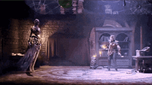 a man and a skeleton are standing in a room with bookshelves