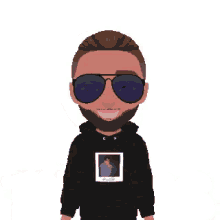 a cartoon of a man wearing sunglasses and holding a sign that says this is us