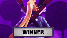 a purple background with a person holding a gun and the word winner on the bottom