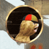 a peanut wearing a colorful hat is in a mirror