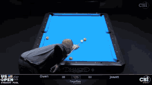 a man is playing pool on a blue diamond pool table