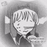 a black and white drawing of a person with the words " ratman 5 loves ka-boom < 3 " on the bottom