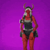 a woman in a red outfit with horns is standing on a purple background .