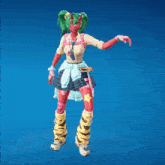 a girl with green hair and pink gloves is standing in the air with her arms outstretched