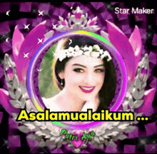 a picture of a woman with a flower crown on her head and the words " assalamualaikum "