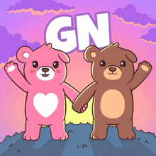 a pink teddy bear and a brown teddy bear holding hands with the word gn behind them