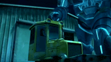 a cartoon character is standing next to a yellow truck
