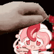 a pixel art of a person putting a donut on top of a girl .