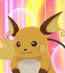 a close up of a cartoon raichu with a pink background