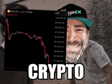 a man with a beard is smiling in front of a bitcoin graph