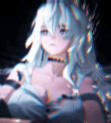 a close up of a anime girl with long white hair .