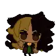 a pixel art drawing of a girl with brown and black hair and a green jacket .