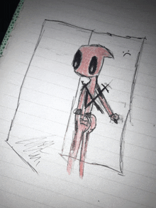 a drawing of deadpool with a sad face drawn on it