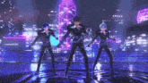 three anime characters are dancing on a stage in front of a neon city skyline