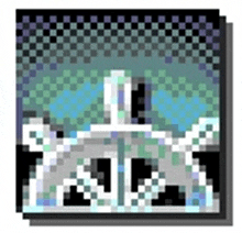 a pixel art painting of a sword and shield in a castle .