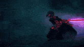 a person holding a sword in the dark with a blue sky in the background