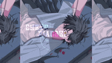 a drawing of a man laying on a bed with the words " break time " on the bottom