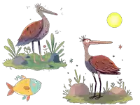 a drawing of a bird a fish and the sun